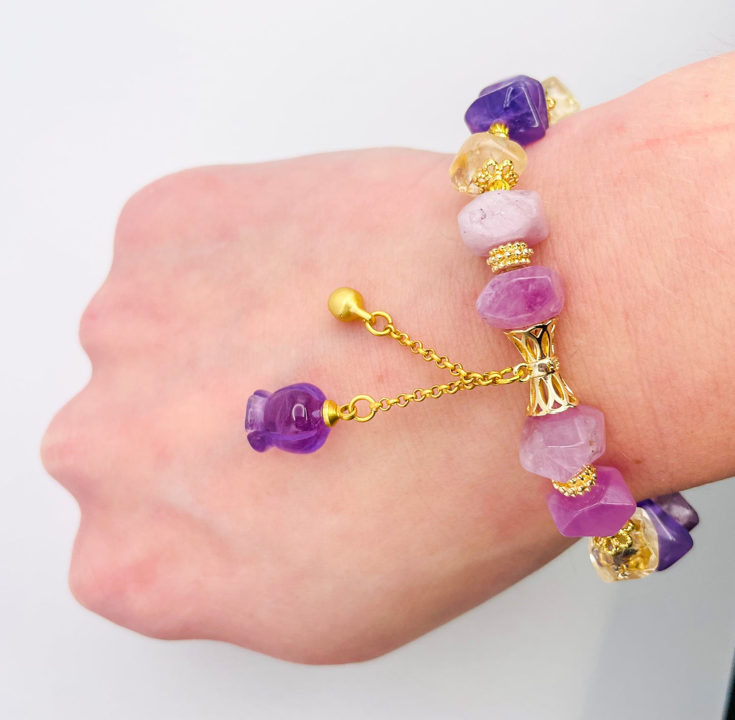 Natural Amethyst, Kunznite & Citrine Tulip Statement Bracelet