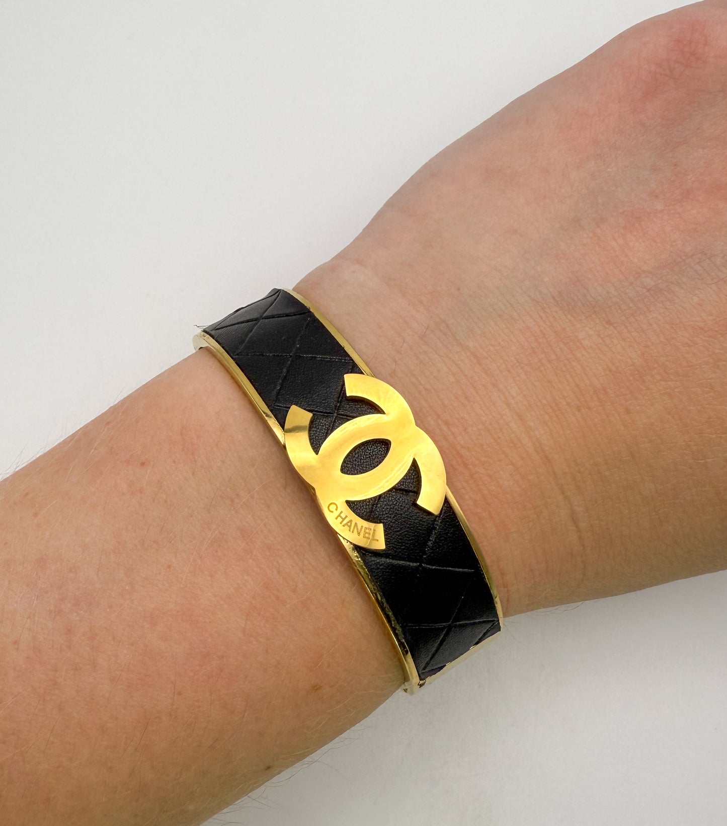Thick Gold CC Bangle Bracelet with  Leather Wrap