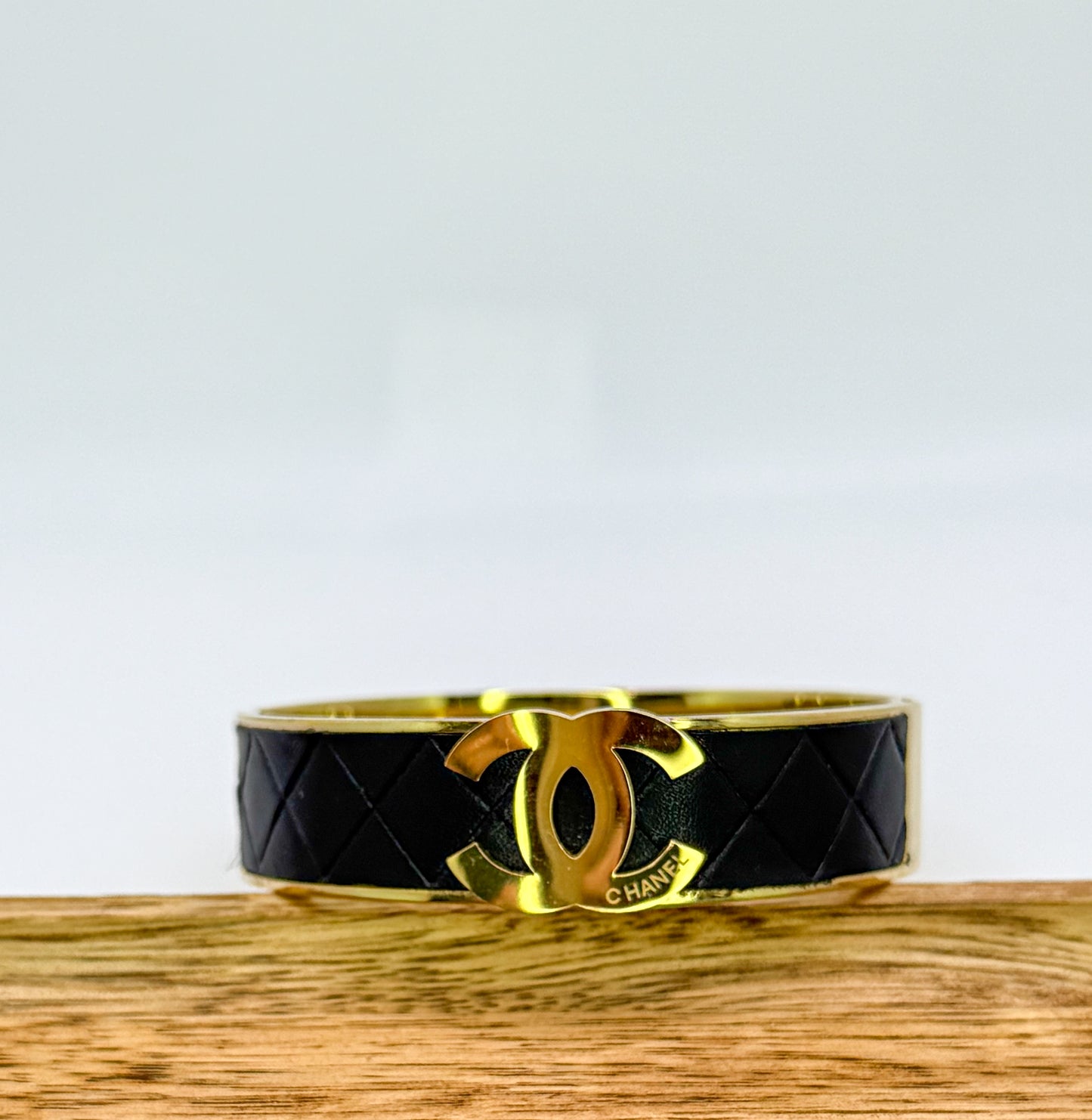 Thick Gold CC Bangle Bracelet with  Leather Wrap