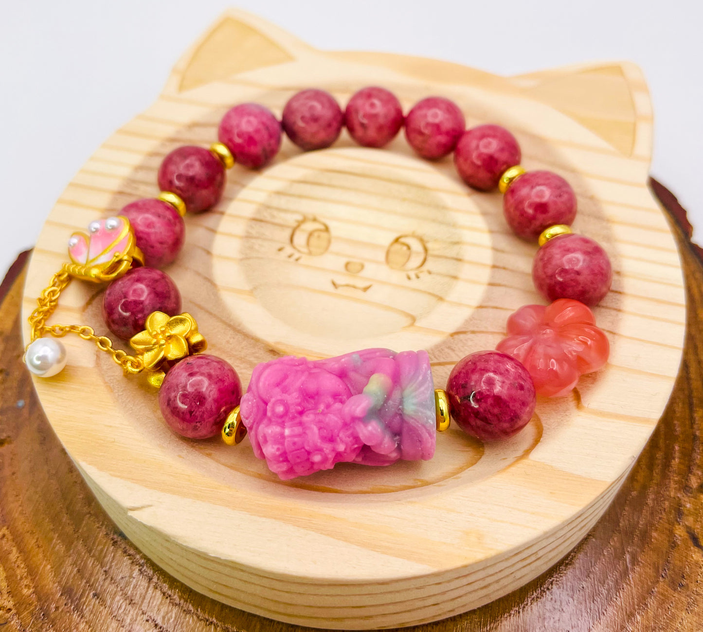 Goddess of Protection Drashi Llamo Pink Rhodonite Statement Bracelet