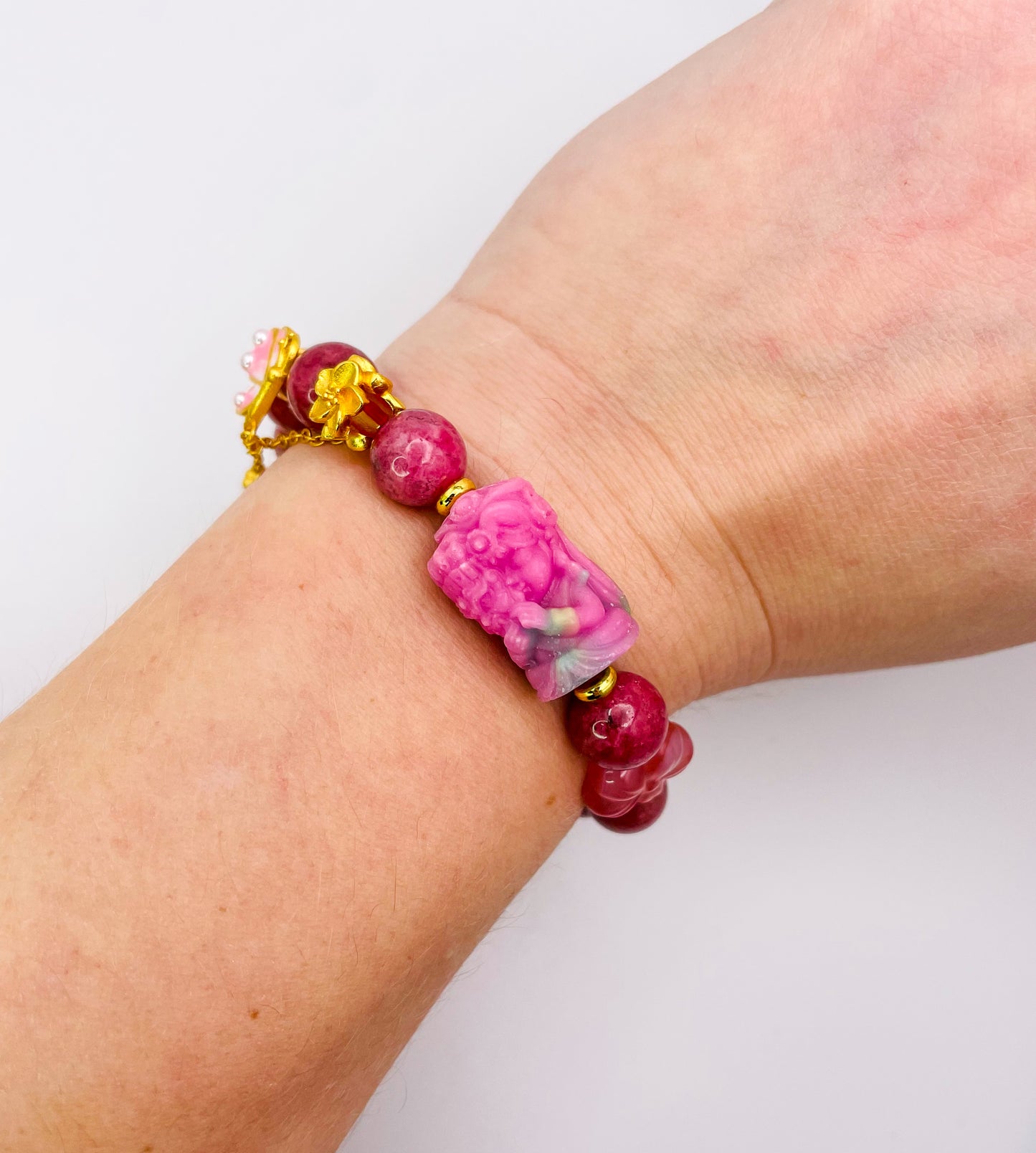 Goddess of Protection Drashi Llamo Pink Rhodonite Statement Bracelet