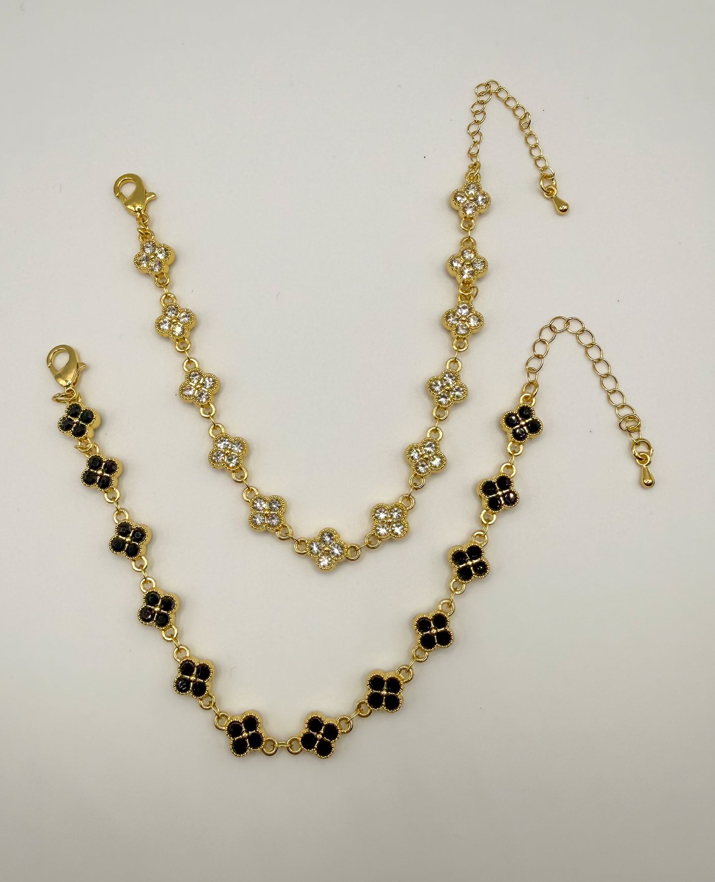 Gold Double Sided Black & Clear Clover Zircon Bracelet