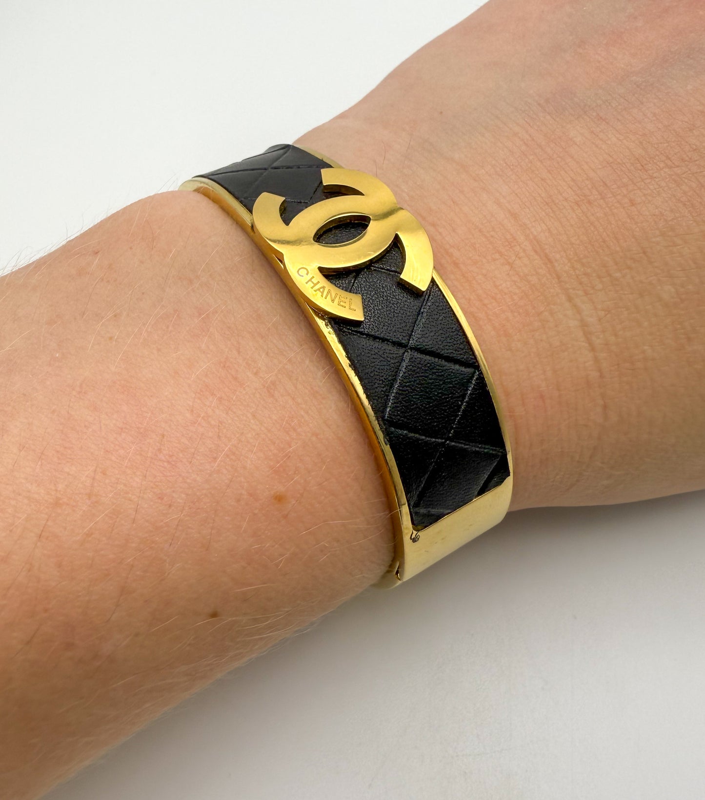 Thick Gold CC Bangle Bracelet with  Leather Wrap