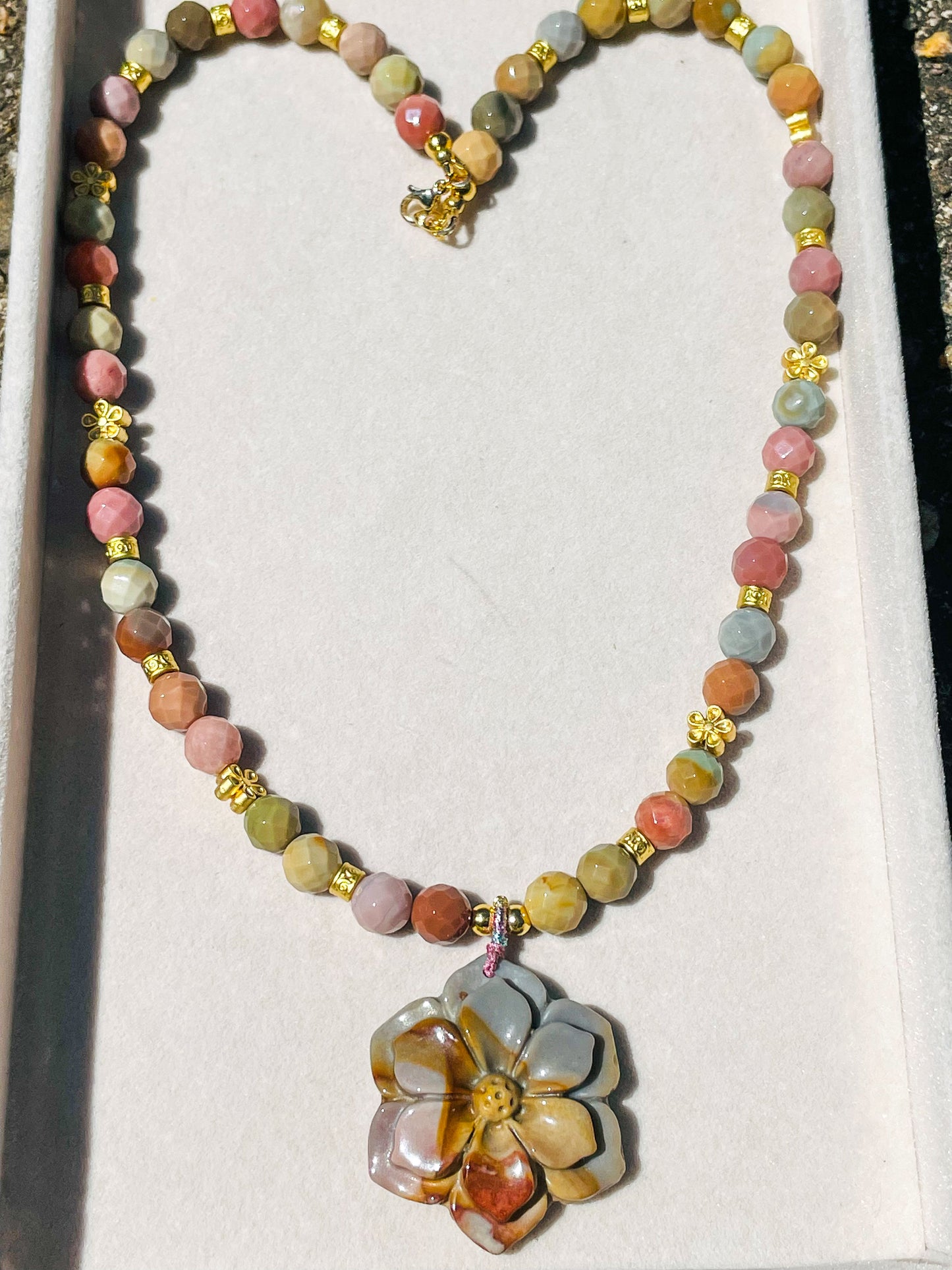 Natural Alashan Agate Sakura Flower Beaded Necklace