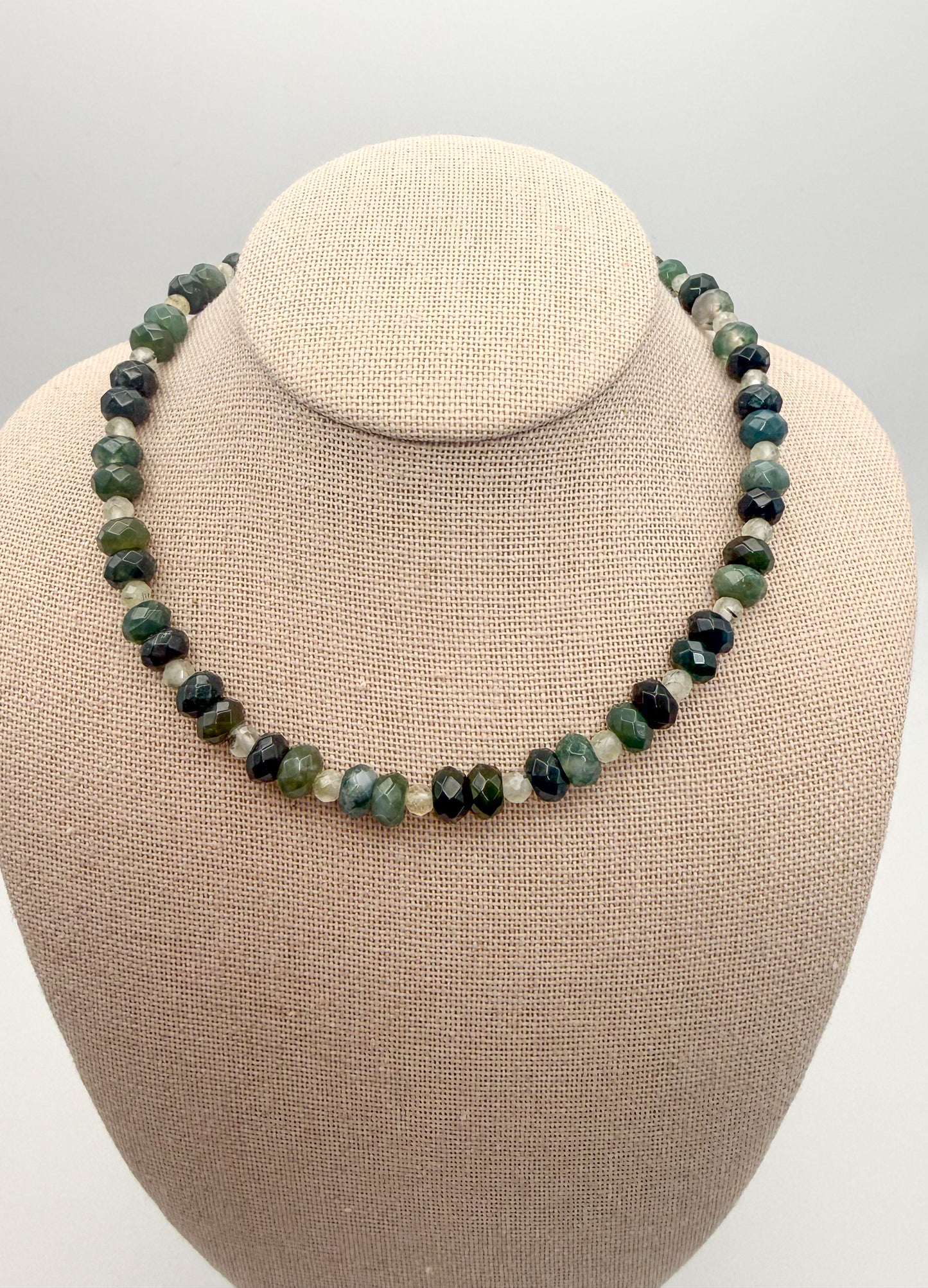 Natural Moss Agate Faceted Donut Shaped Crystal Beaded Necklace