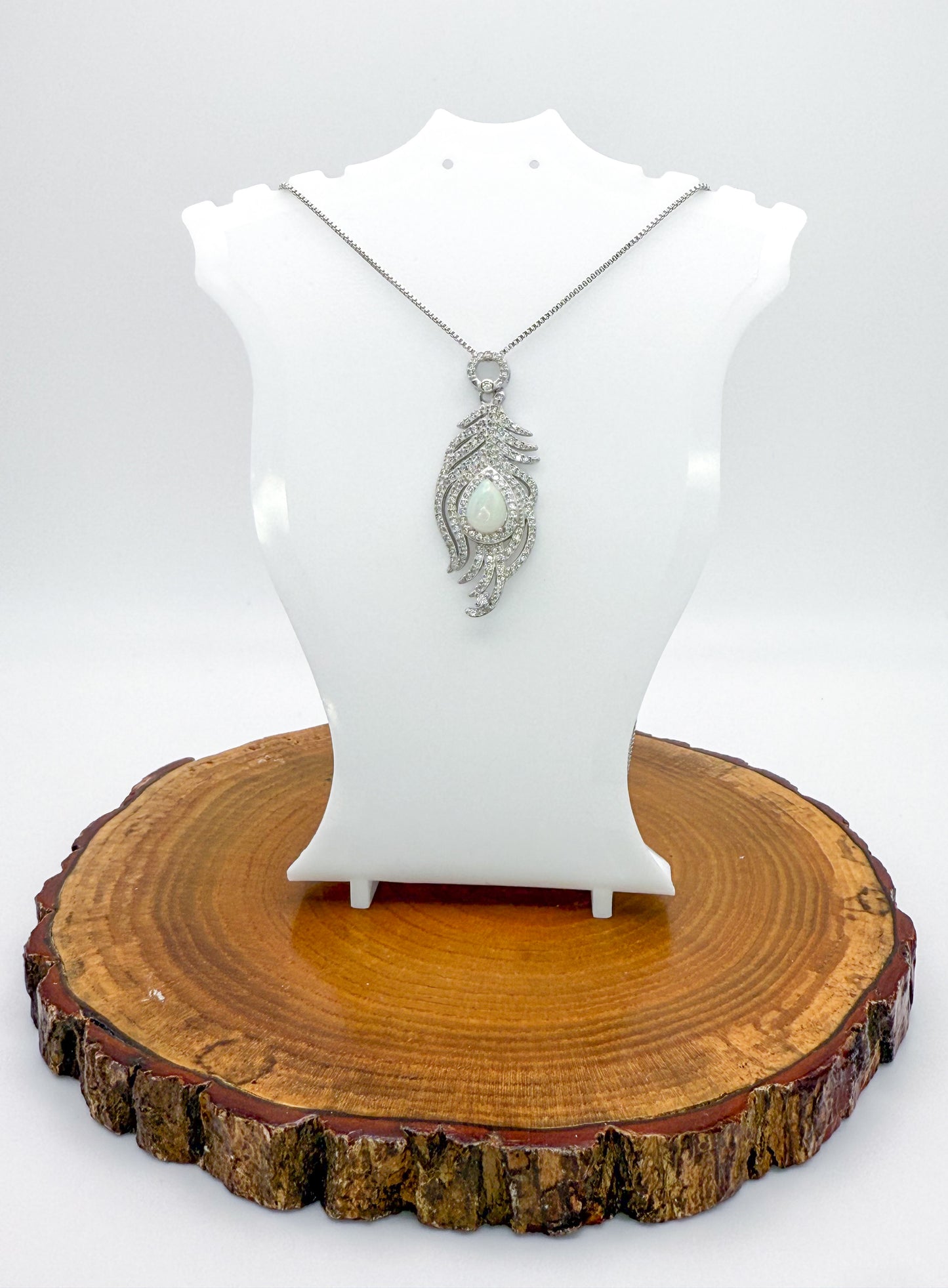 Natural White Opal Sterling Silver Feather Pendant Necklace