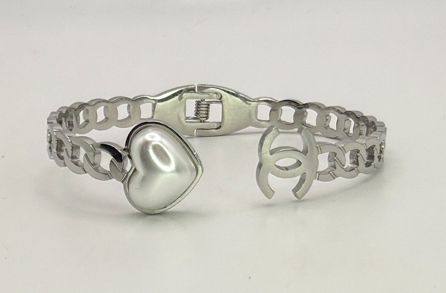 Silver Open Front CC Pearl Heart Stainless Steel Bangle Bracelet