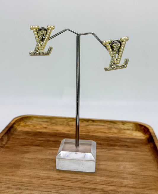 LV Designer Gold Logo Stud Earrings