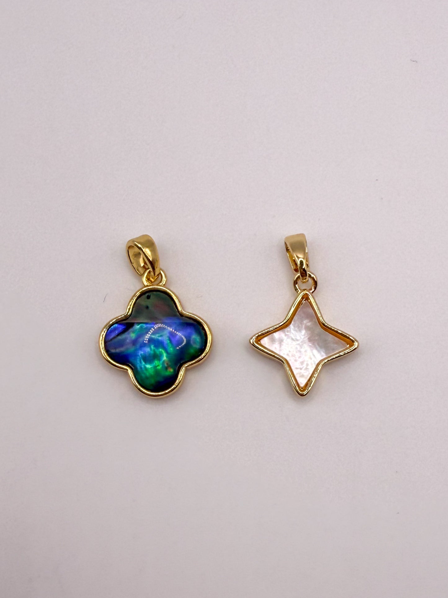 Natural Abalone Shell & Mother of Pearl Shell Clover & Star Gold Charm Pendants