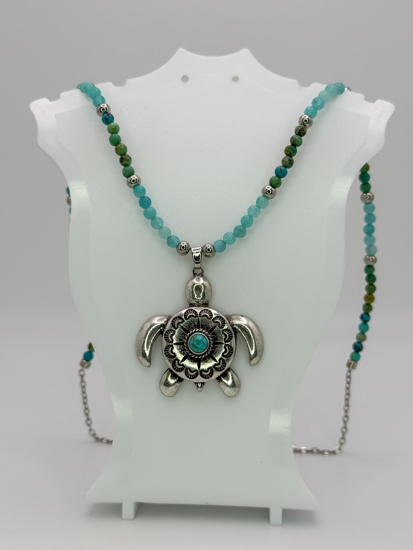 Natural Turquoise & Amazonite Crystal Beaded Necklace with Silver Sea Turtle Pendant