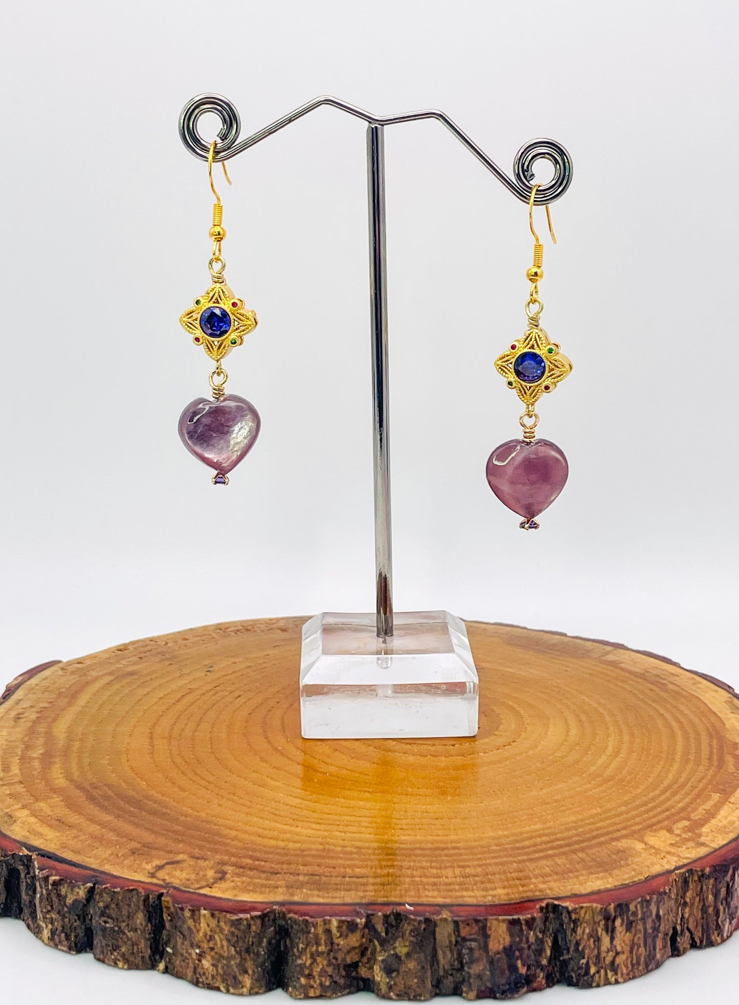 Natural Lepidolite Heart Gold Earrings