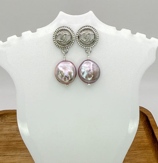 Silver CC Designer Stud Earrings with Dangling Freshwater Pearls