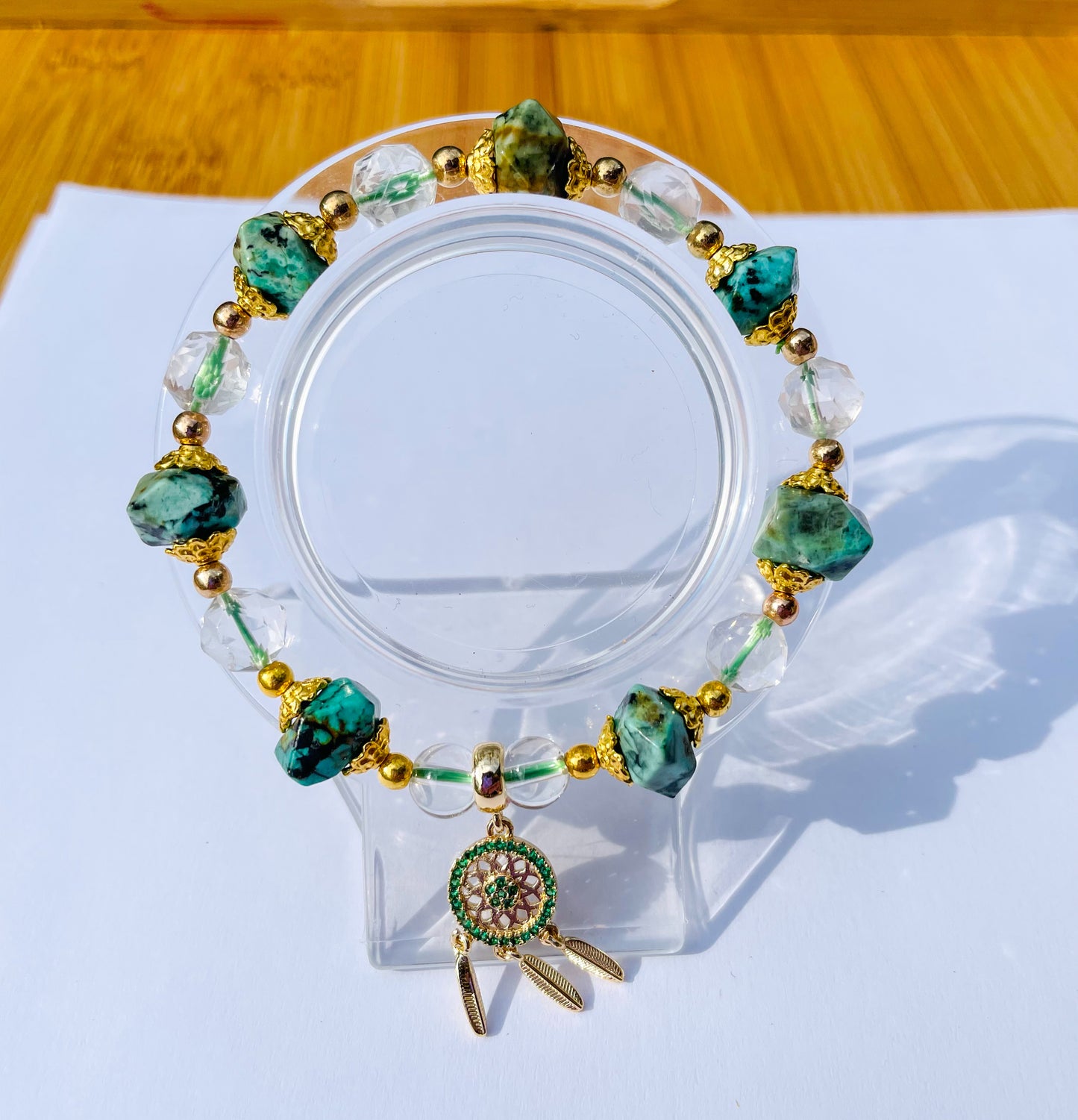 Natural African Turquoise Irregular Shaped Beaded Stretch Adjustable Bracelet with Gold Dreamcatcher Charm