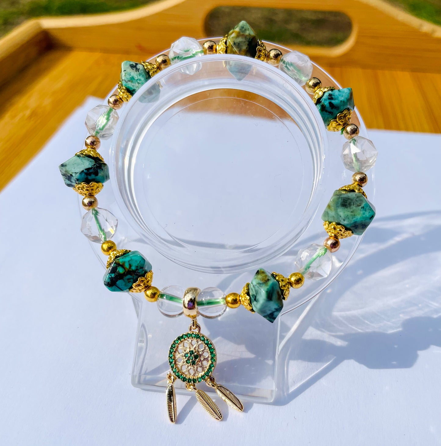 Natural African Turquoise Irregular Shaped Beaded Stretch Adjustable Bracelet with Gold Dreamcatcher Charm