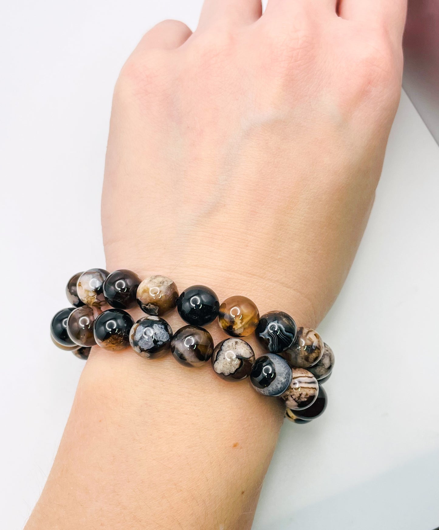 Natural Black Flower Agate Crystal Beaded Stretch Adjsutable Bracelet