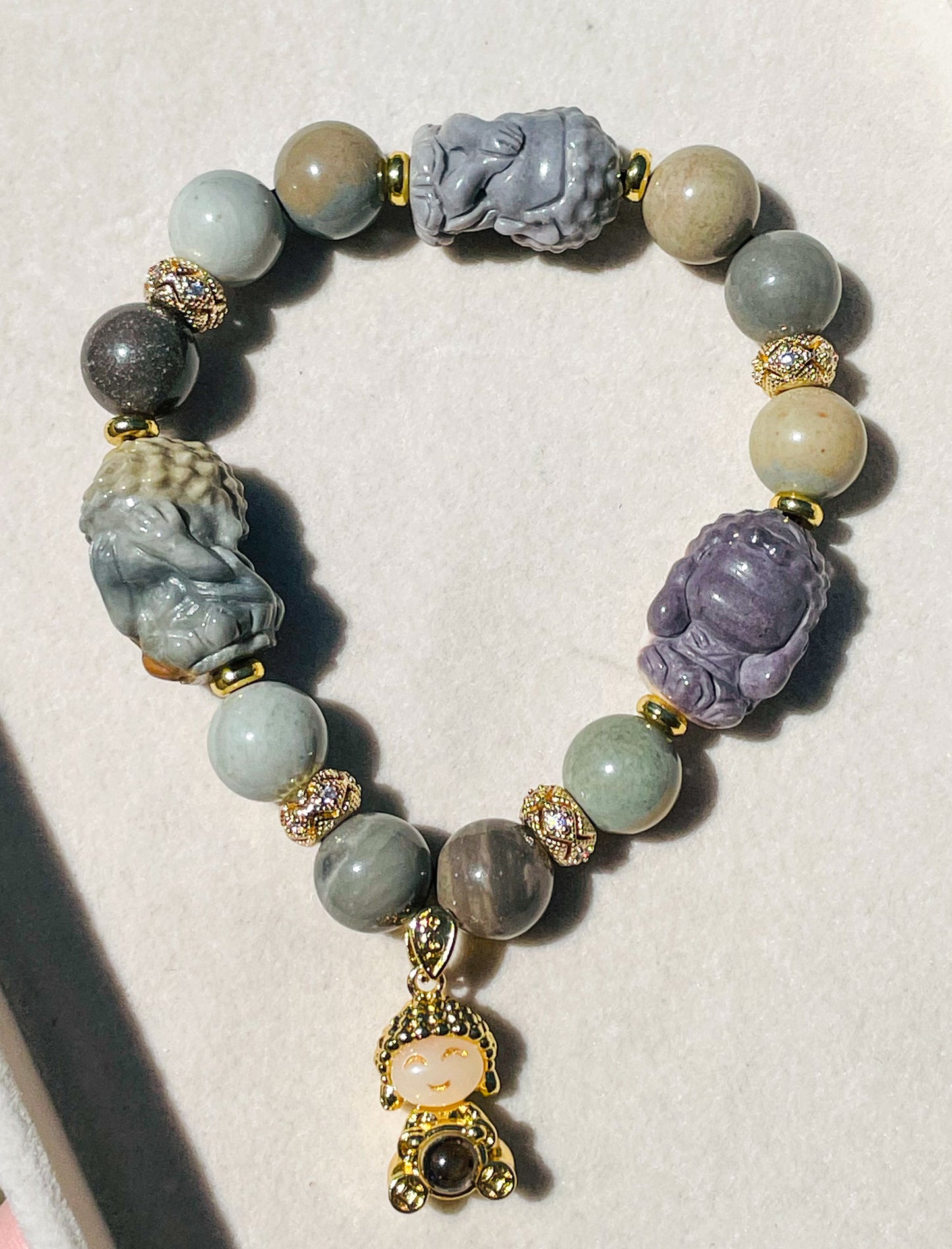 Hear, See & Speak No Evil Baby Budda Sitting on Lotus Natural Alashan Agate Crystal Carving Beaded Stretch Adjustable Bracelet