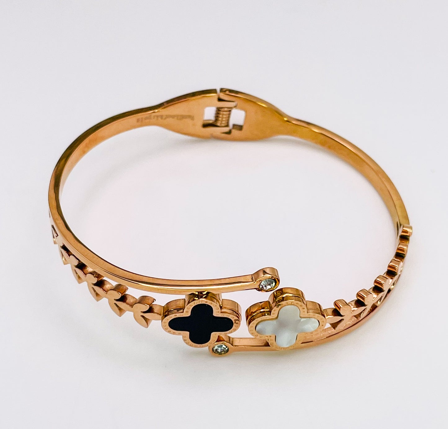 LV Double Clover Logo Gold Stainless Steel Open Front Bangle Bracelet