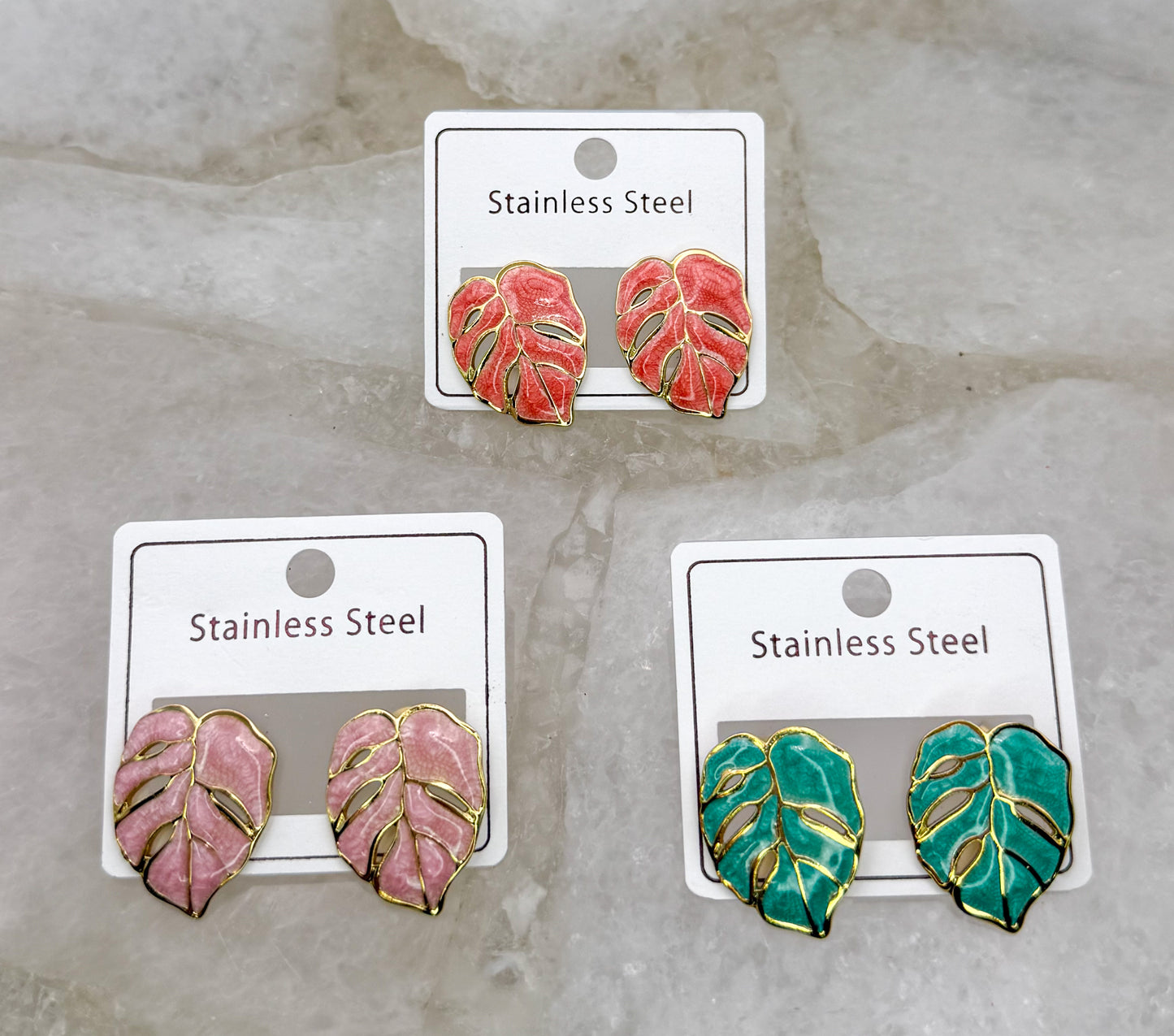 Colorful Monstera Leaf Gold Stainless Steel Stud Earrings