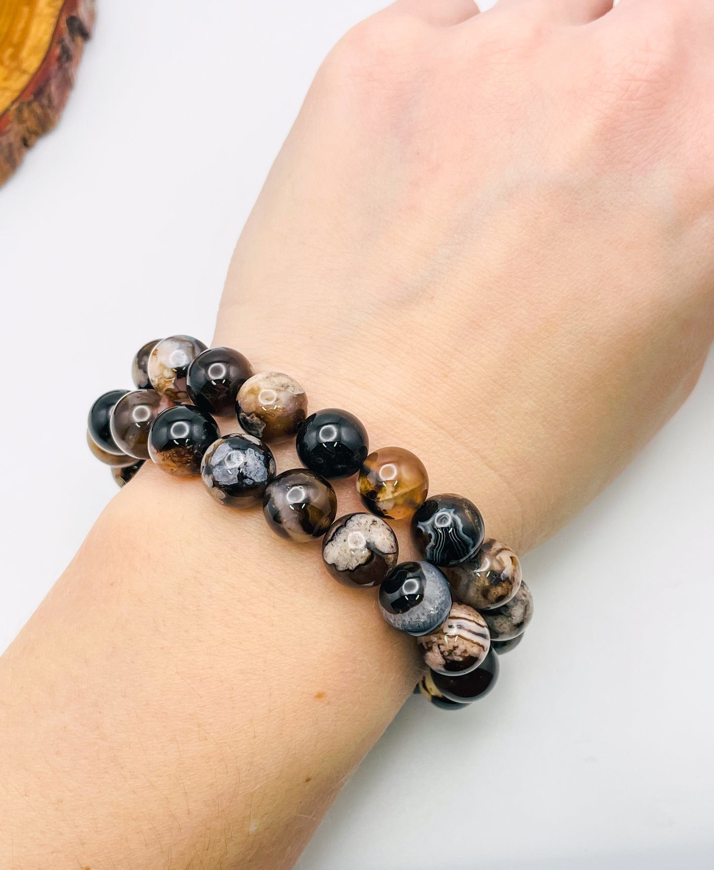 Natural Black Flower Agate Crystal Beaded Stretch Adjsutable Bracelet