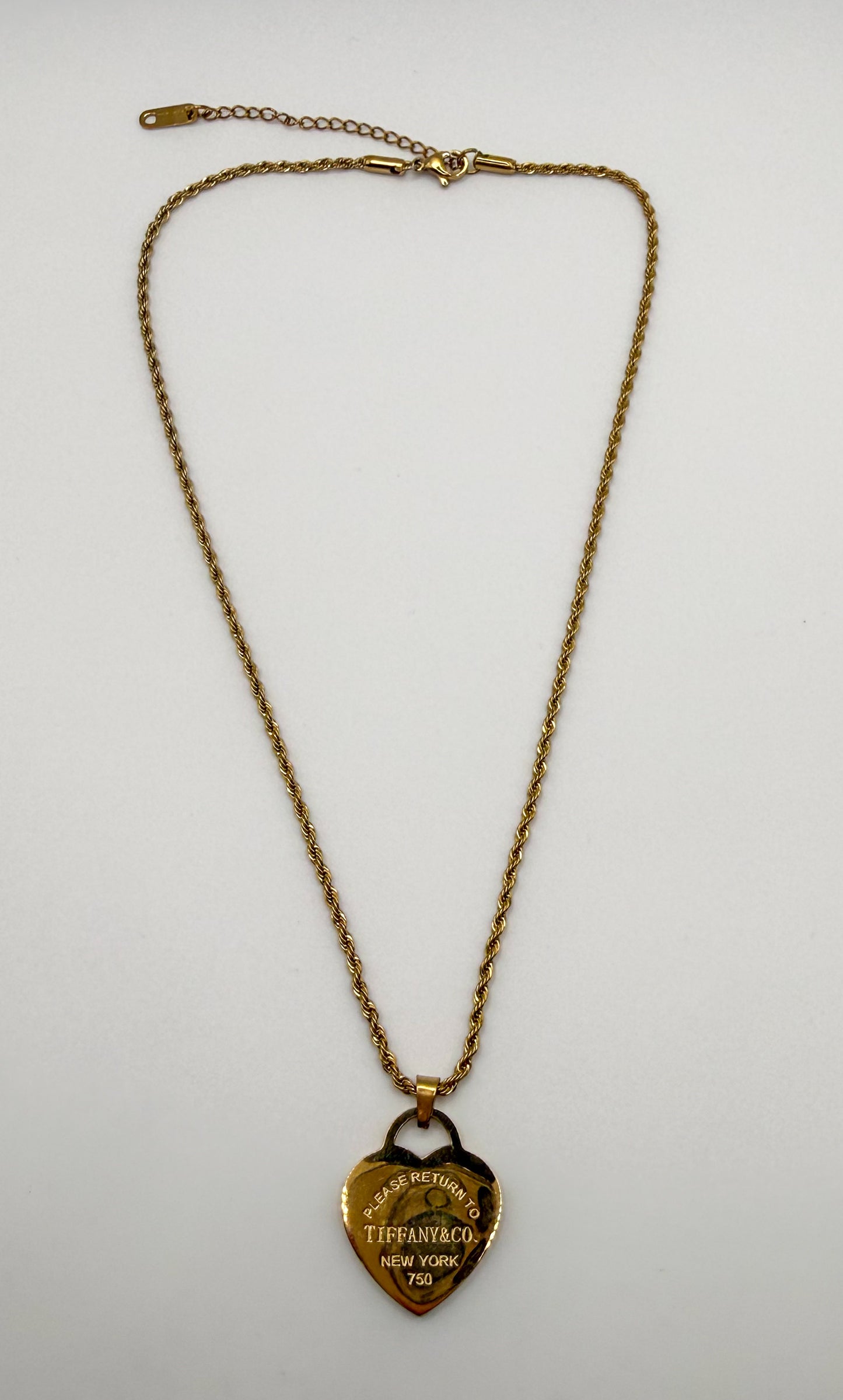 Gold Stainless Steel T&Co Heart Pendant Twist Rope Chain Necklace