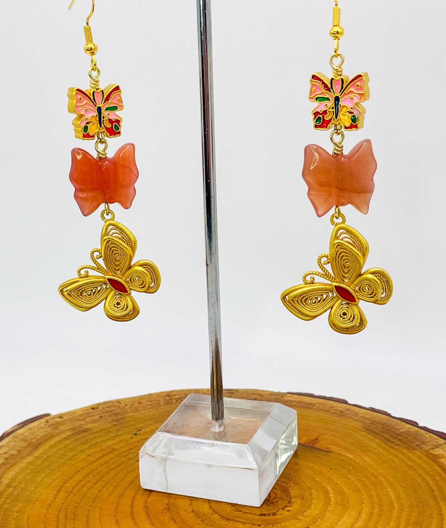 Triple Transformation Butterfly Earrings with Natural YanYuan Agate Butterfly Craved Beads