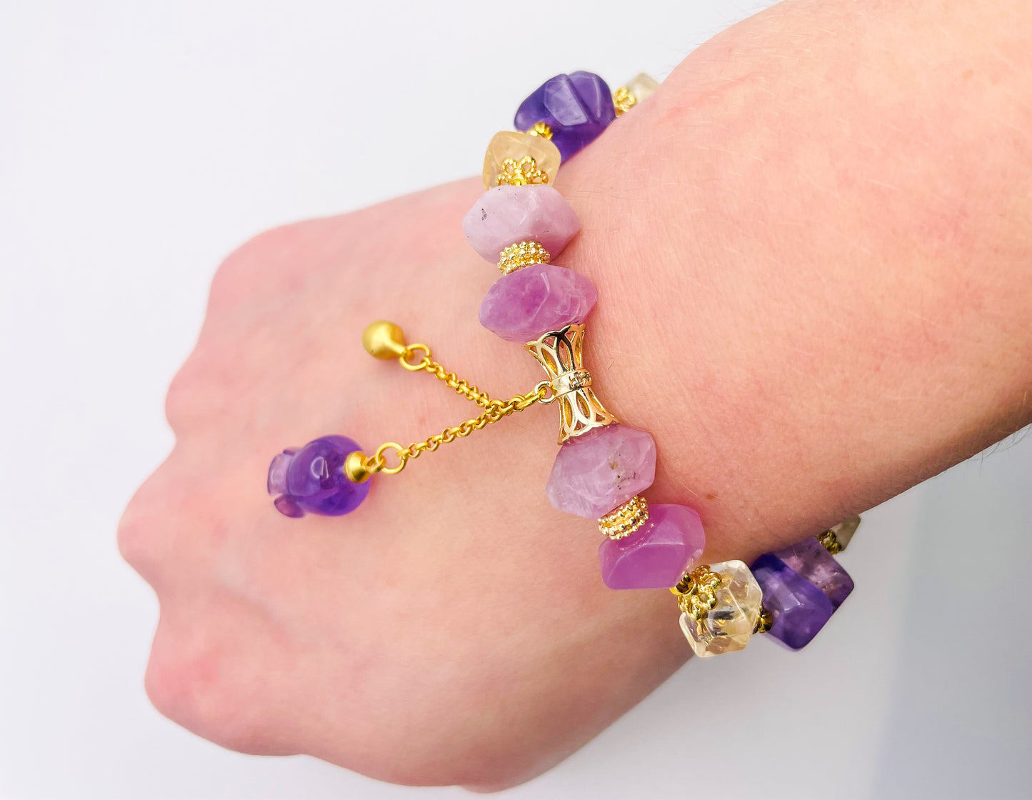 Natural Amethyst, Kunznite & Citrine Tulip Statement Bracelet