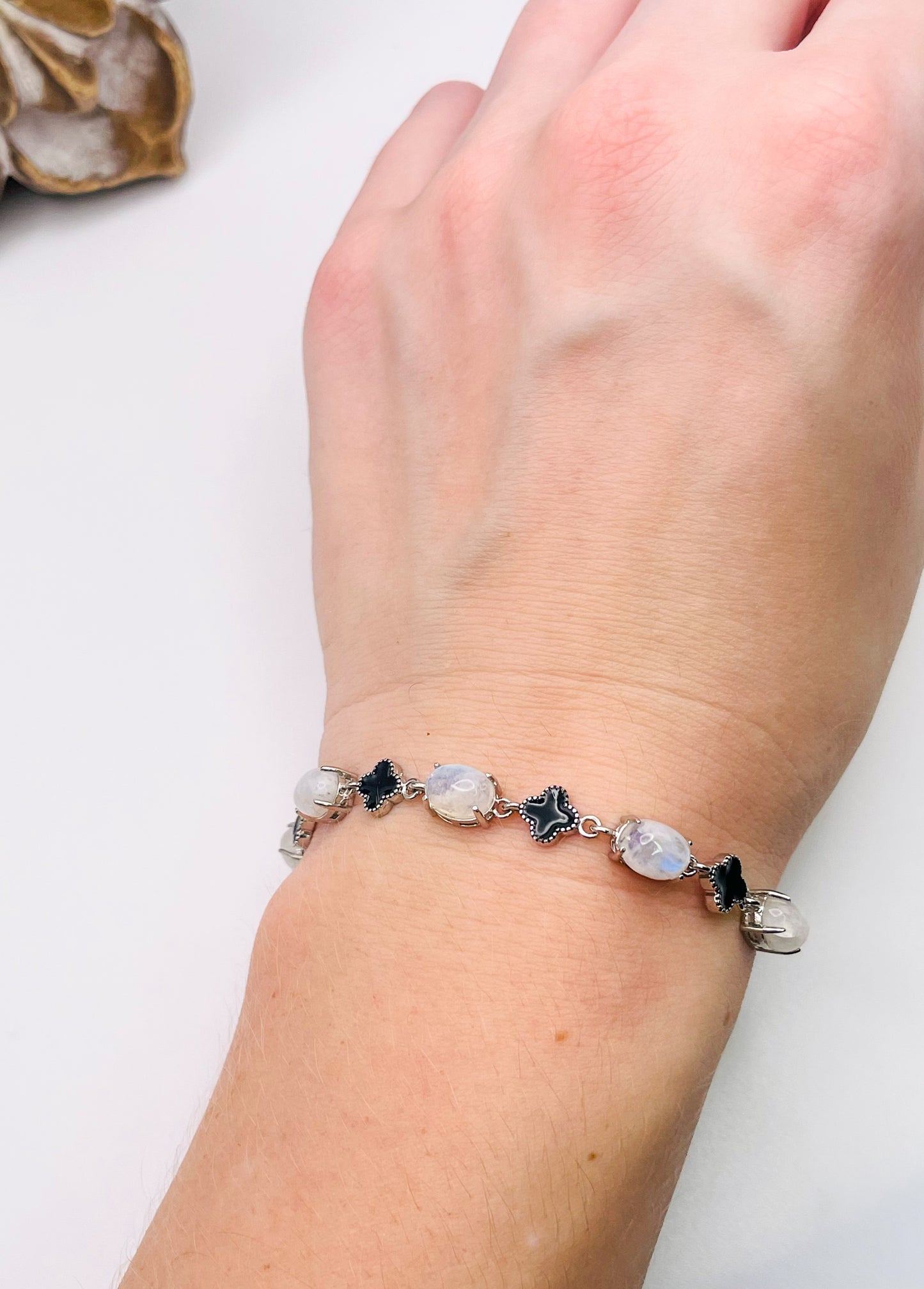 Natural Blue Moonstone LV Clover  Silver Chain Adjustable Bracelet