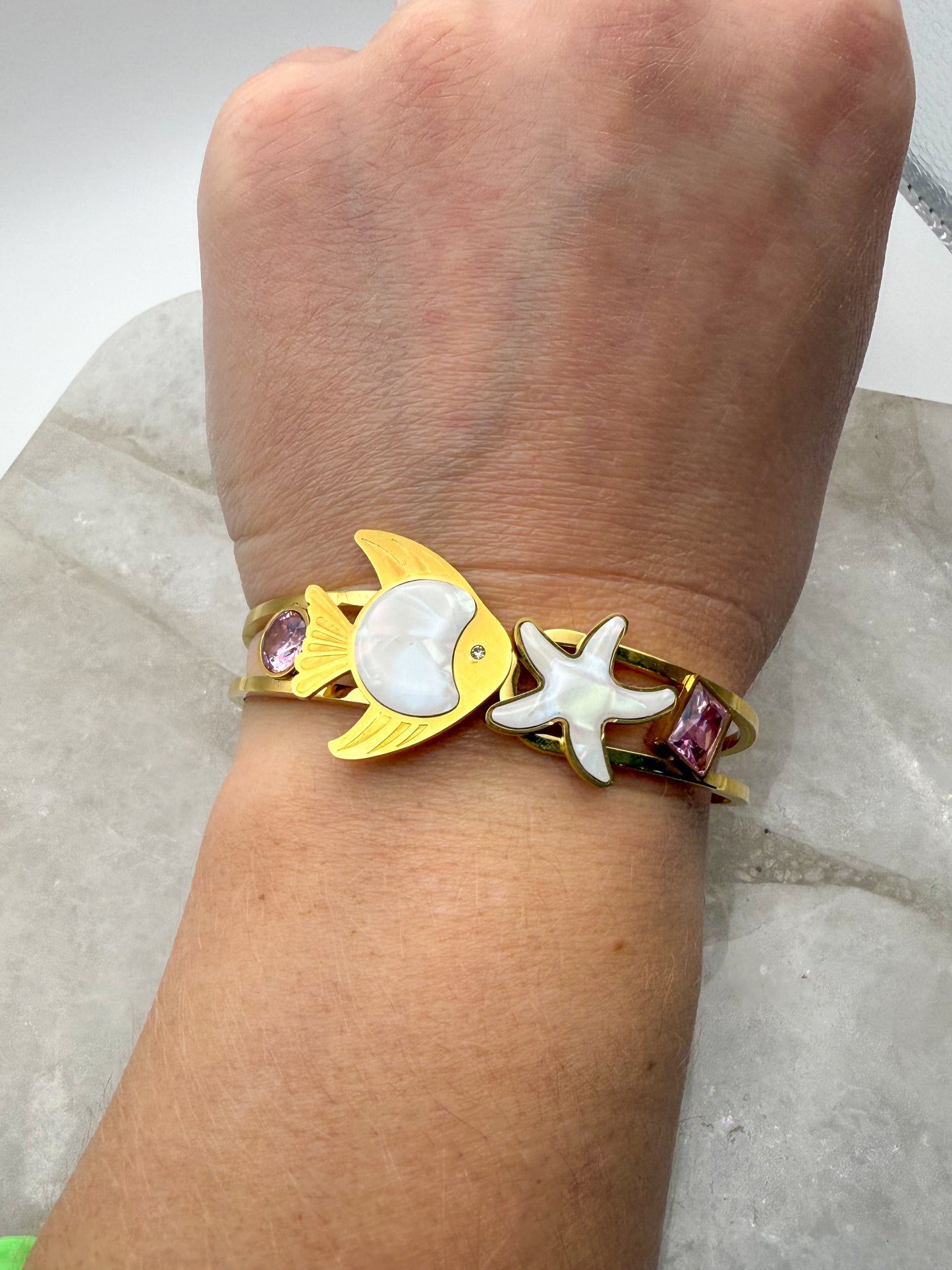 Gold Stainless Steel Sea Animal Open Front Bangle Bracelet
