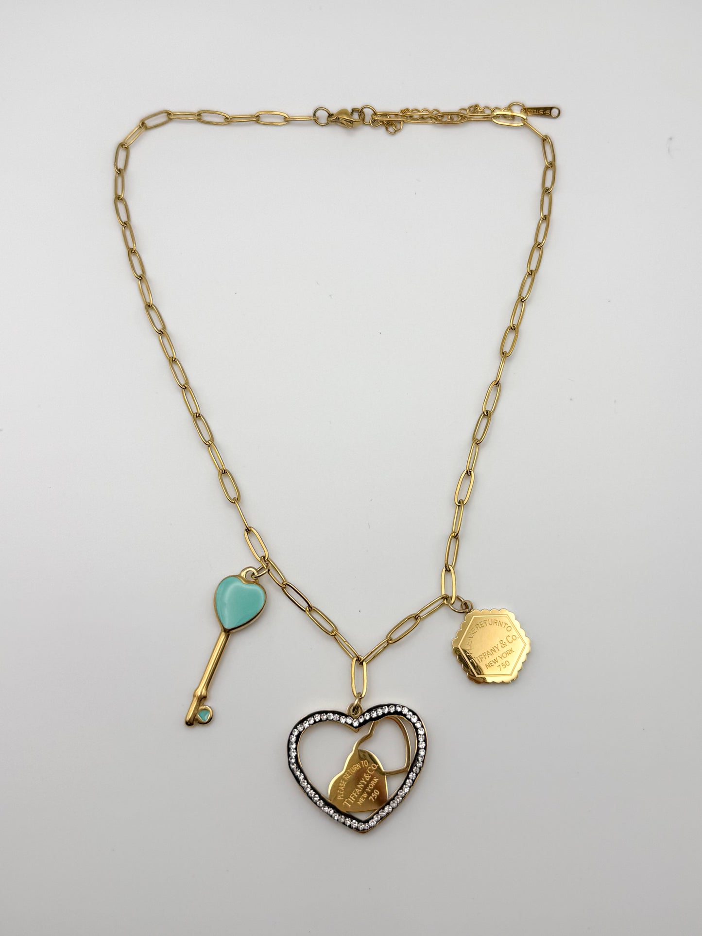 Gold Stainless Steel T&Co. Charm Necklace & Stud Earrings Jewelry Set