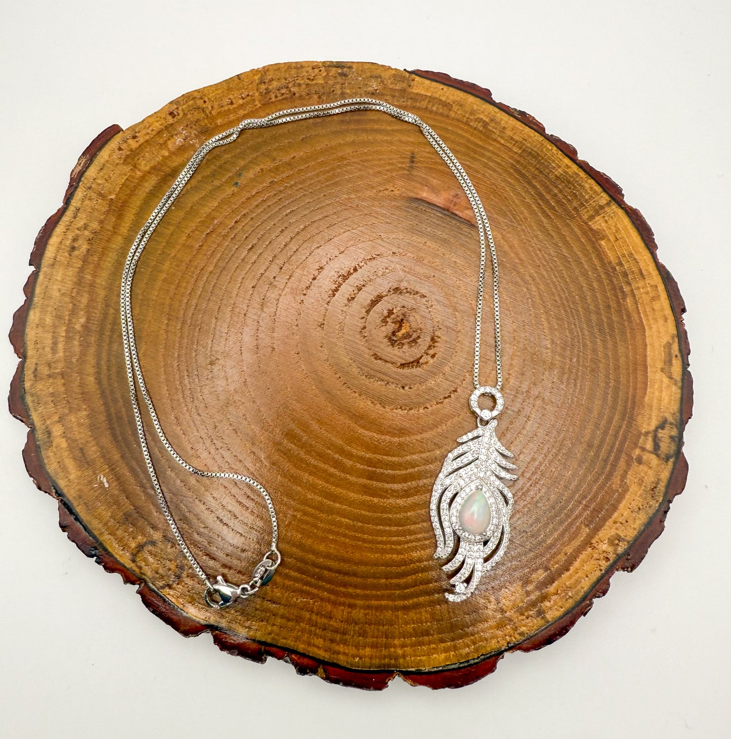 Natural White Opal Sterling Silver Feather Pendant Necklace