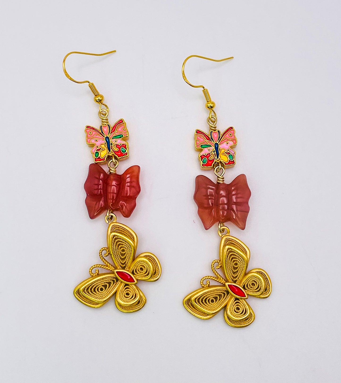 Triple Transformation Butterfly Earrings with Natural YanYuan Agate Butterfly Craved Beads