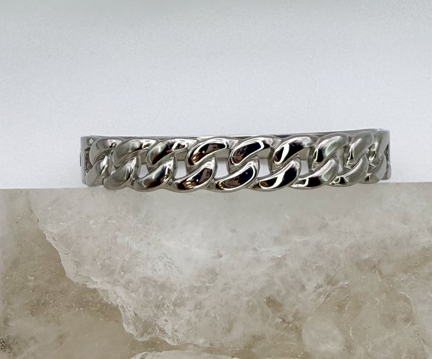 Silver Stainless Steel Cuban Chain Link Bangle Bracelet