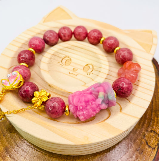 Goddess of Protection Drashi Llamo Pink Rhodonite Statement Bracelet