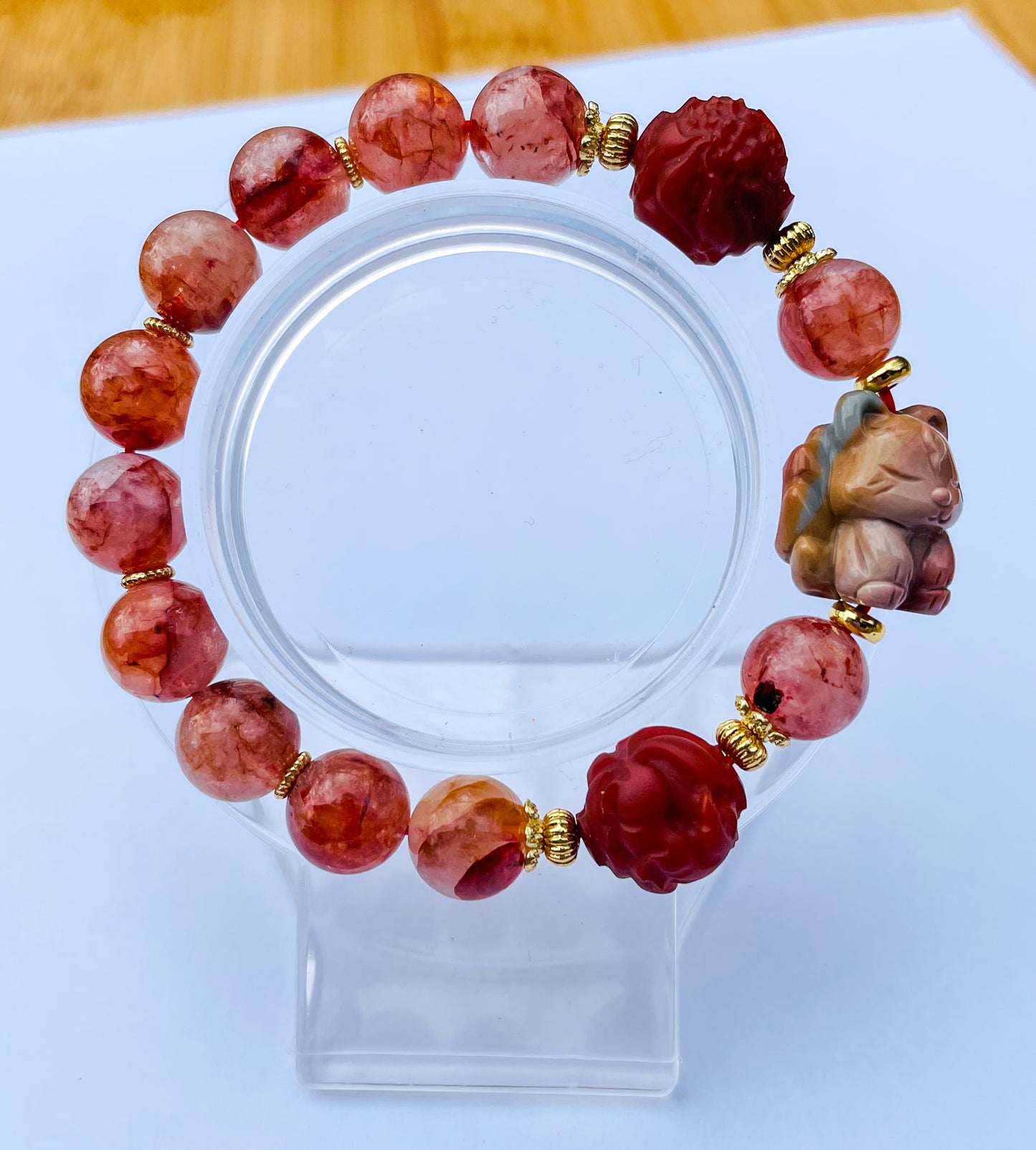 Natural Fire Quartz with Natural Alashan Agate & Red Jasper 9 Tailed Fox Crystal Carving Beaded Stretch Adjustable Bracelet