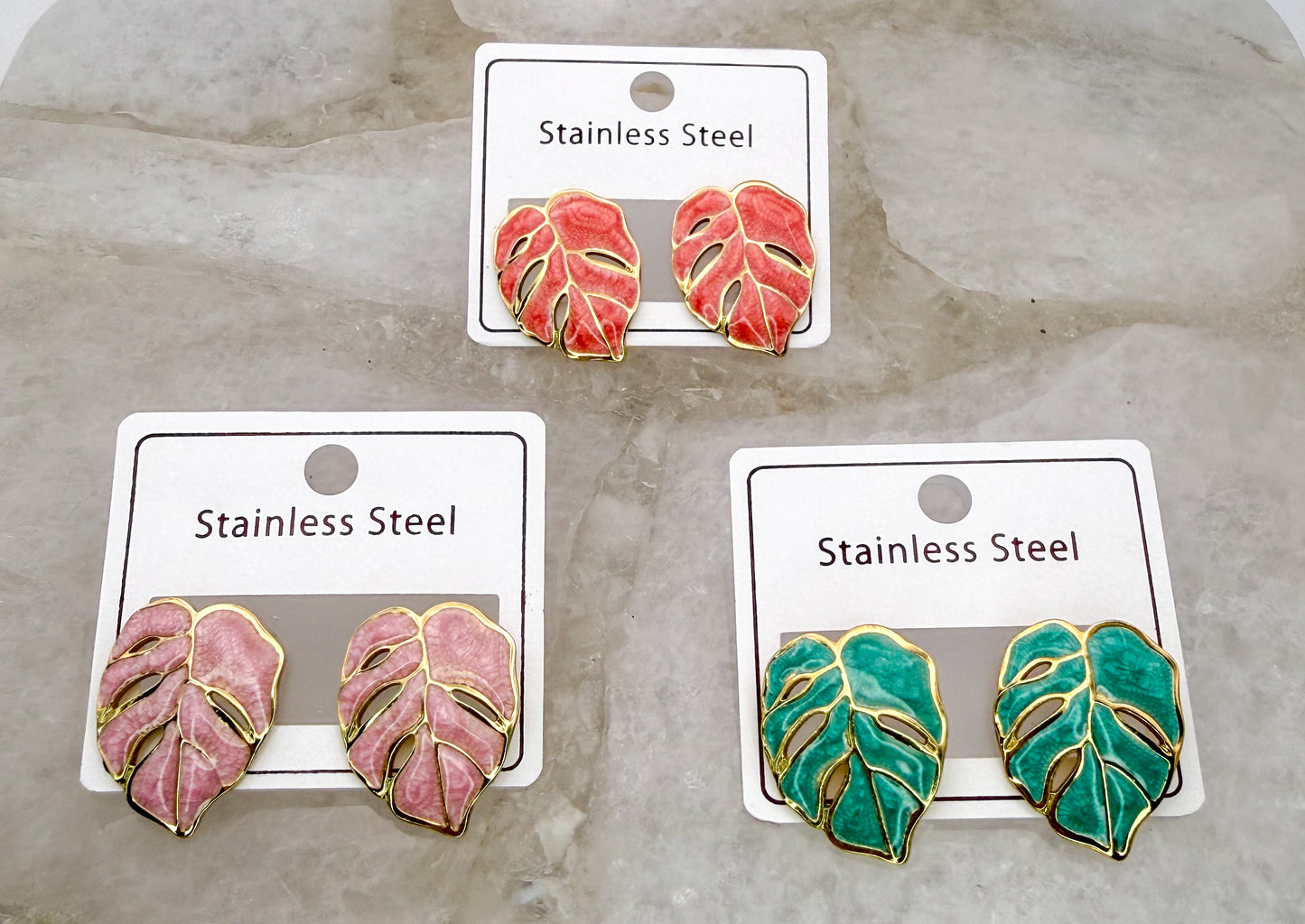 Colorful Monstera Leaf Gold Stainless Steel Stud Earrings
