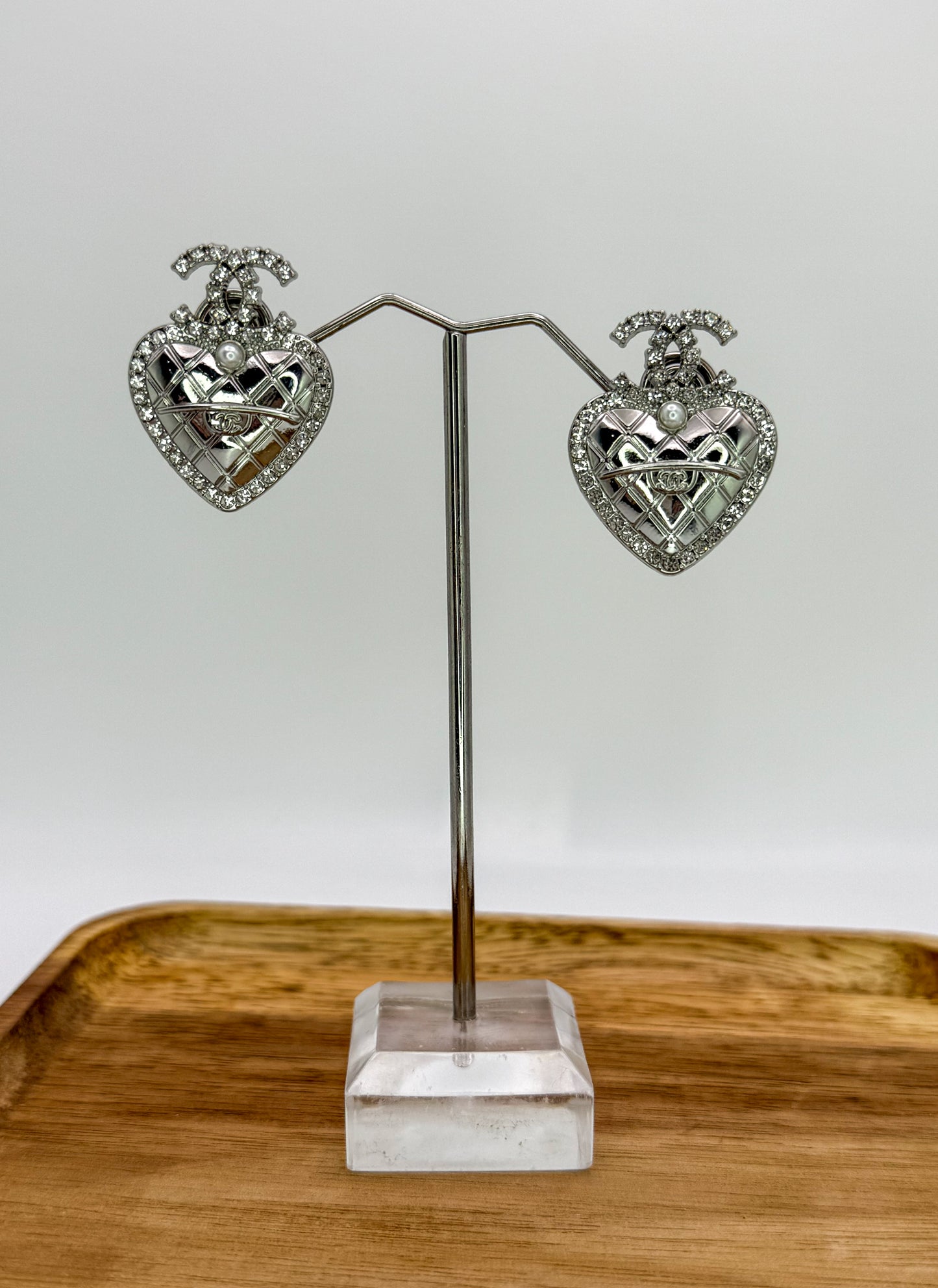 Silver CC Heart Stud Earrings- Stamped