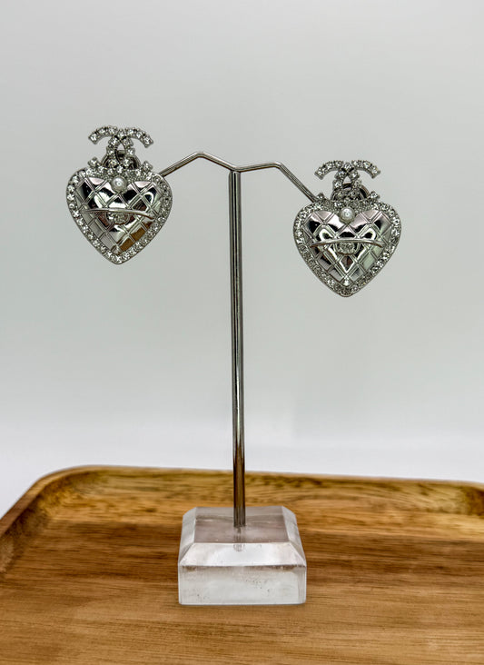 Silver CC Heart Stud Earrings- Stamped