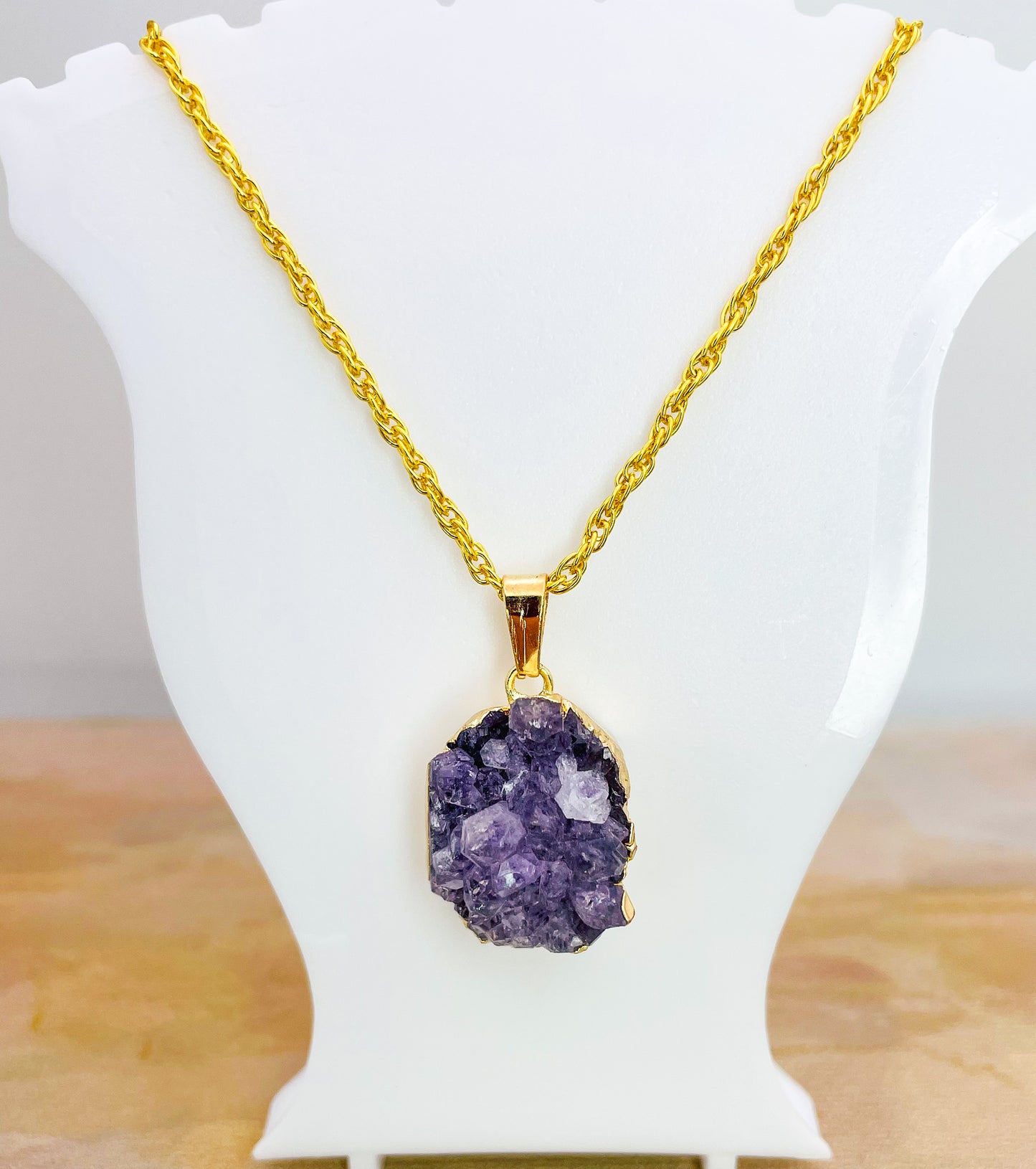 Natural Geode Druzy Crystal Gold Necklace