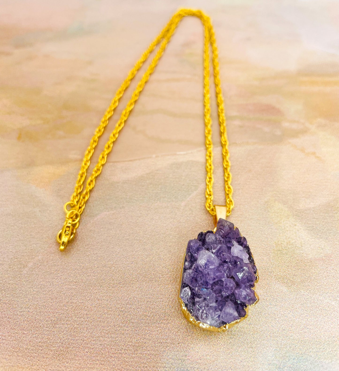 Natural Geode Druzy Crystal Gold Necklace