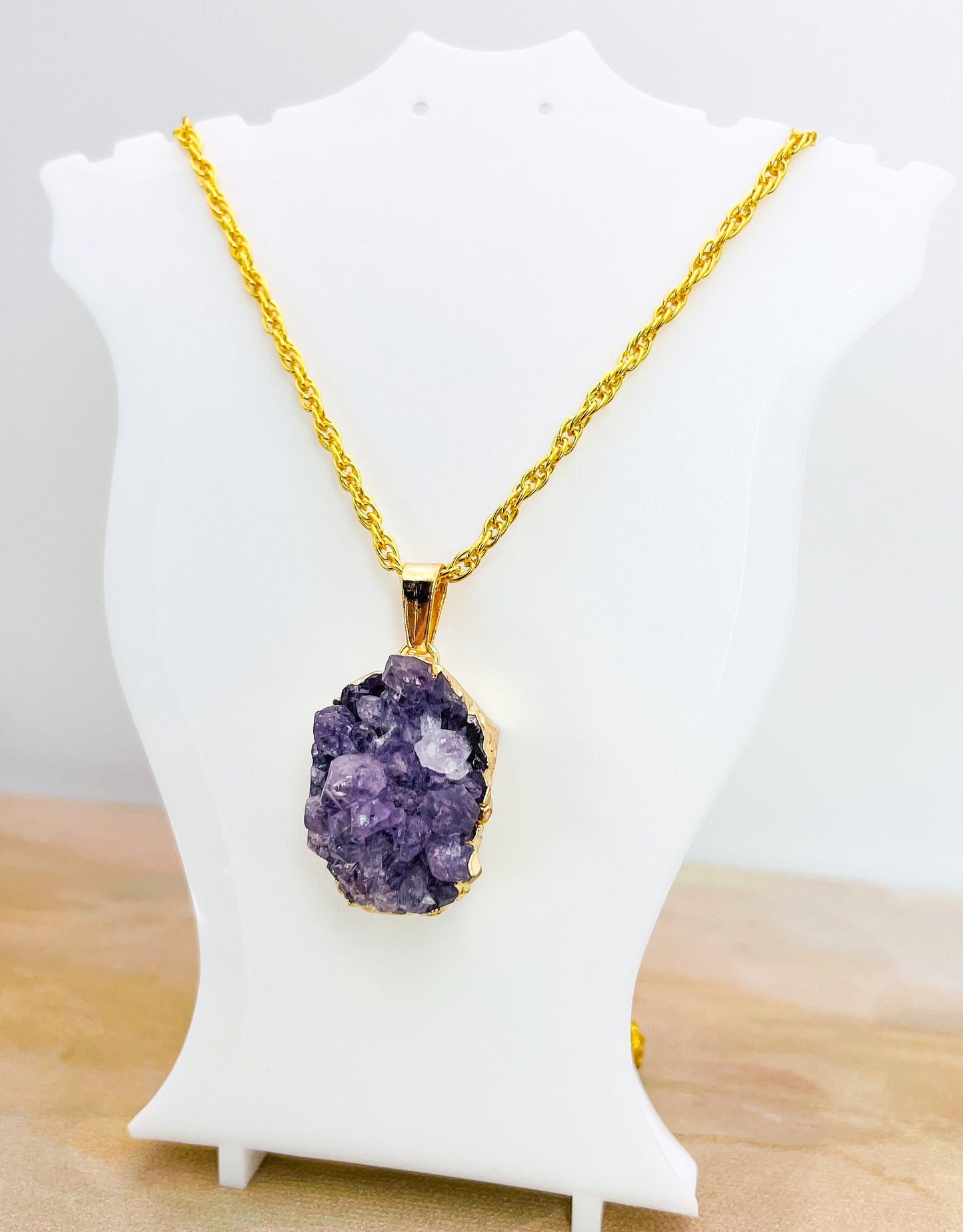 Natural Geode Druzy Crystal Gold Necklace