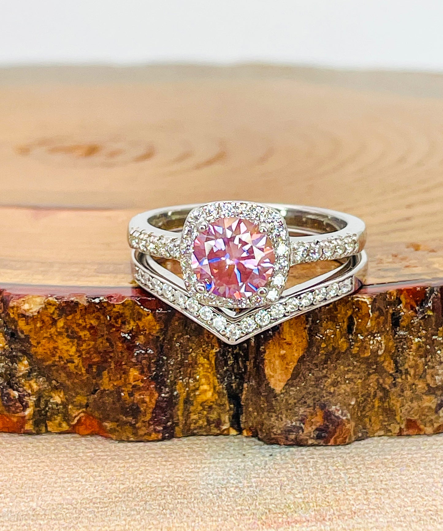 Sterling Silver Pink Moissanite Diamond Ring Set- Certificate of Authenticity