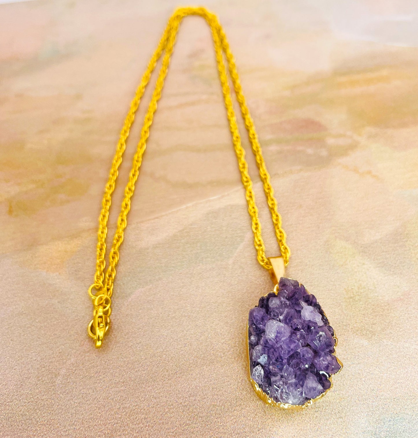 Natural Geode Druzy Crystal Gold Necklace