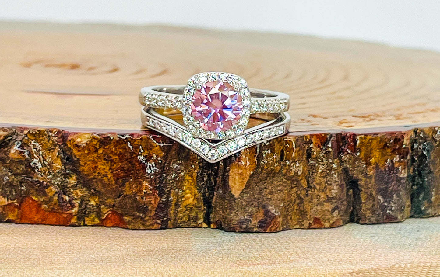 Sterling Silver Pink Moissanite Diamond Ring Set- Certificate of Authenticity