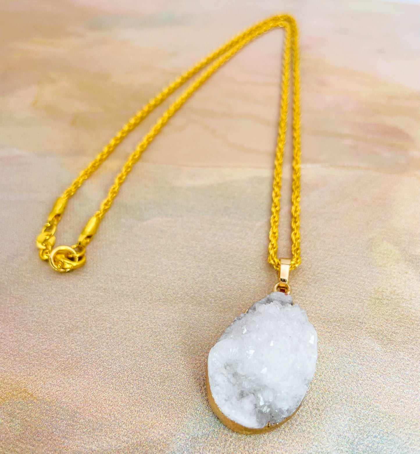 Natural Geode Druzy Crystal Gold Necklace