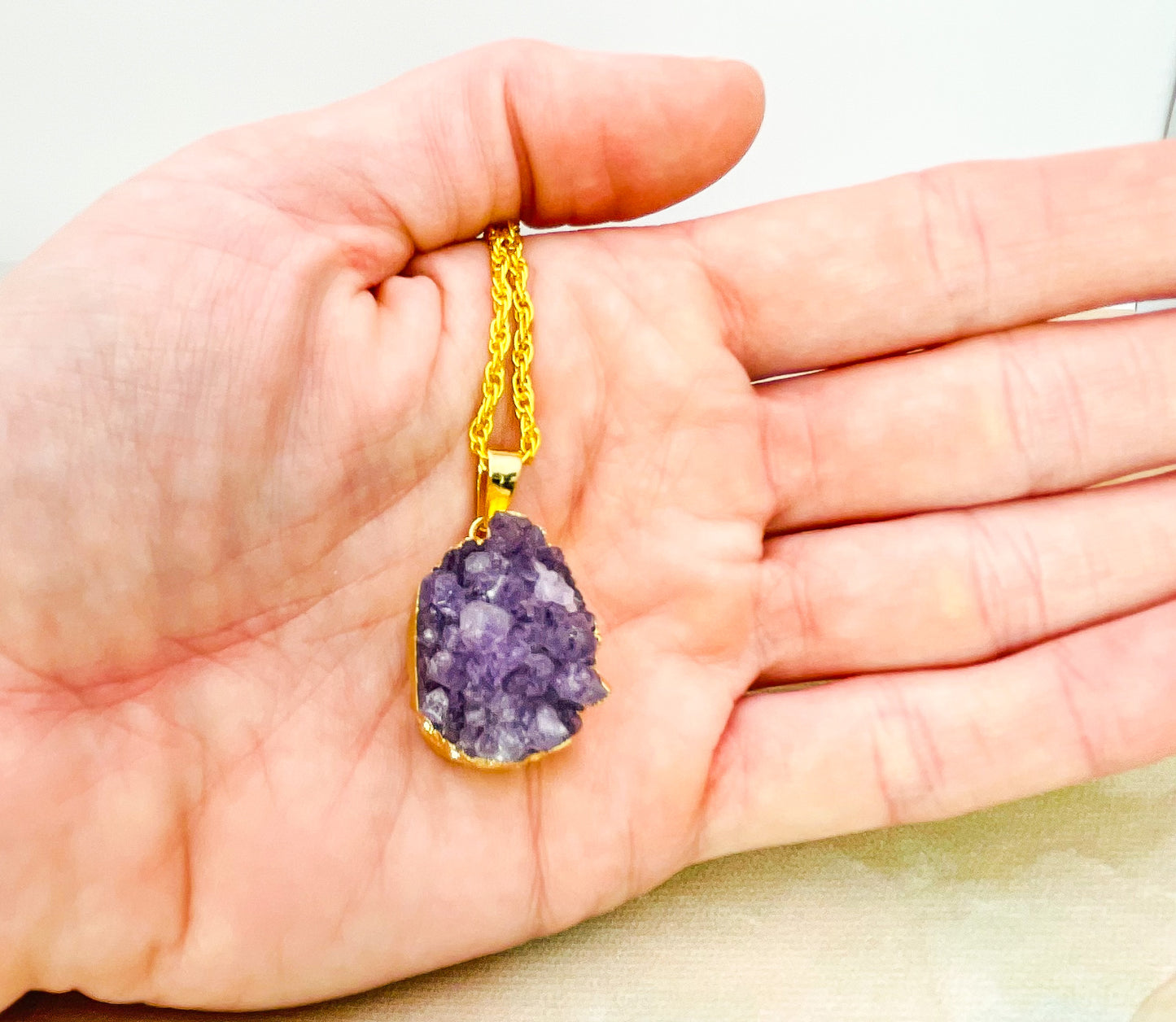 Natural Geode Druzy Crystal Gold Necklace