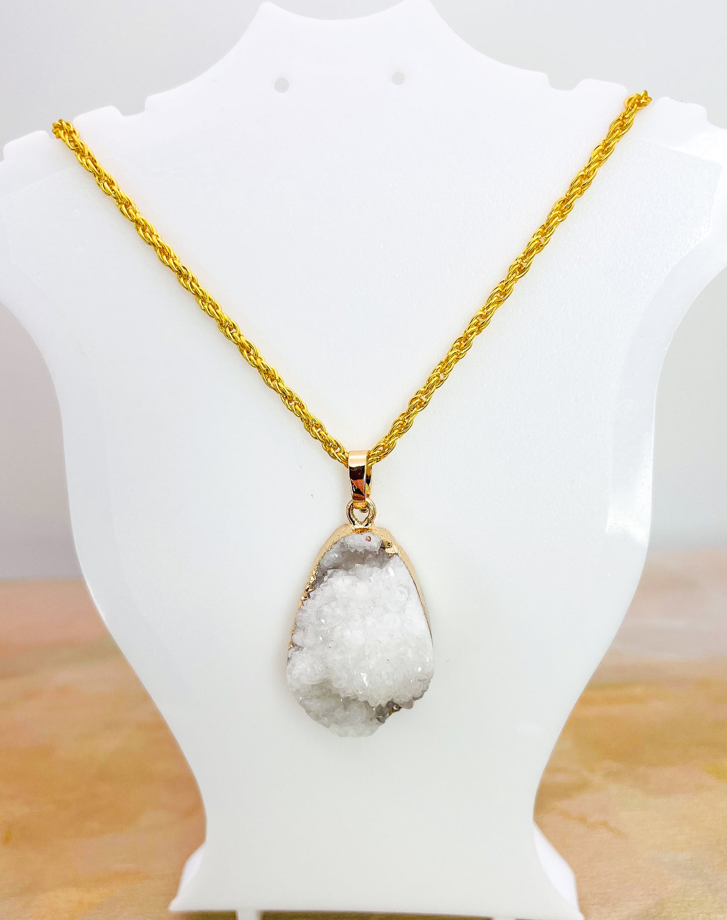 Natural Geode Druzy Crystal Gold Necklace