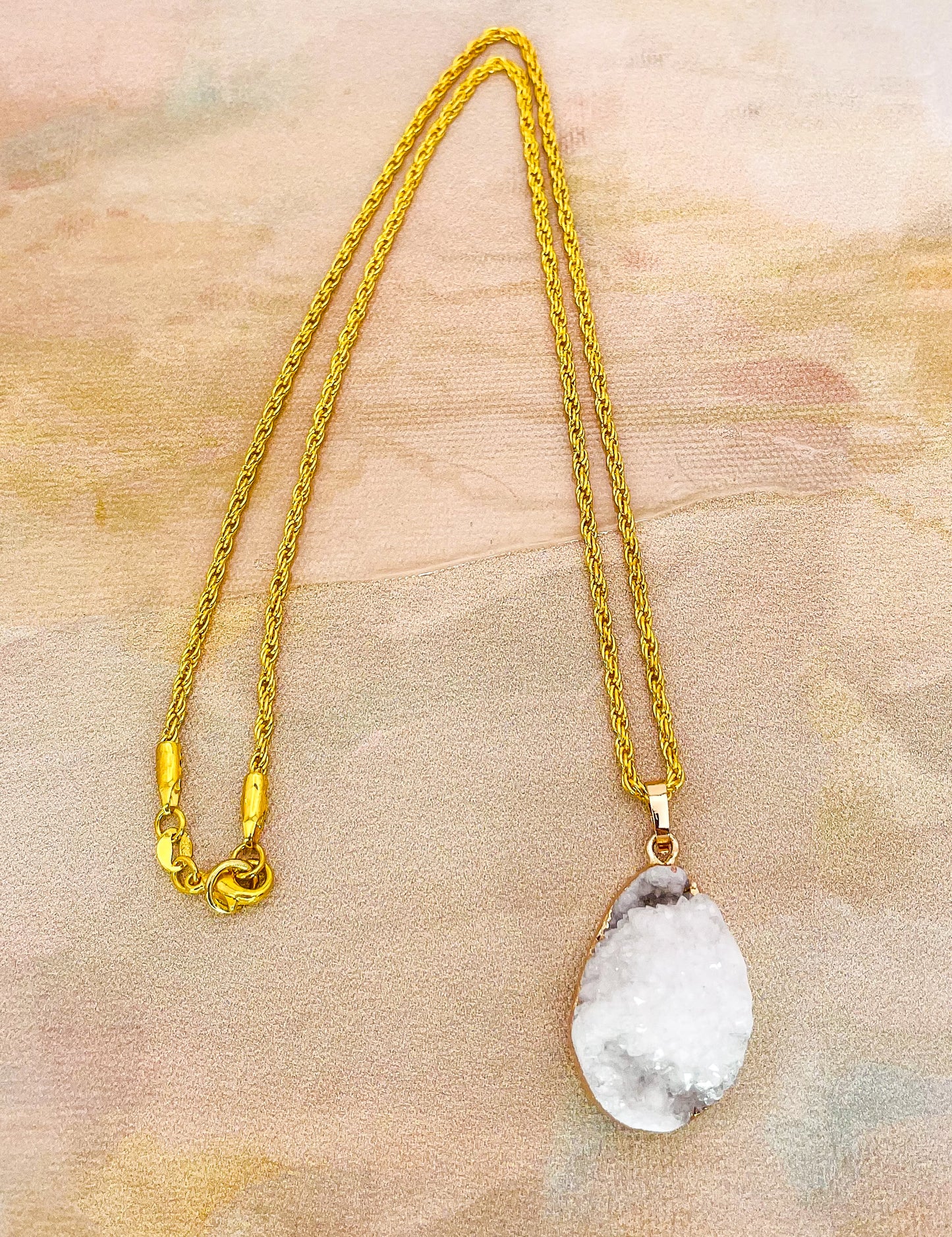 Natural Geode Druzy Crystal Gold Necklace