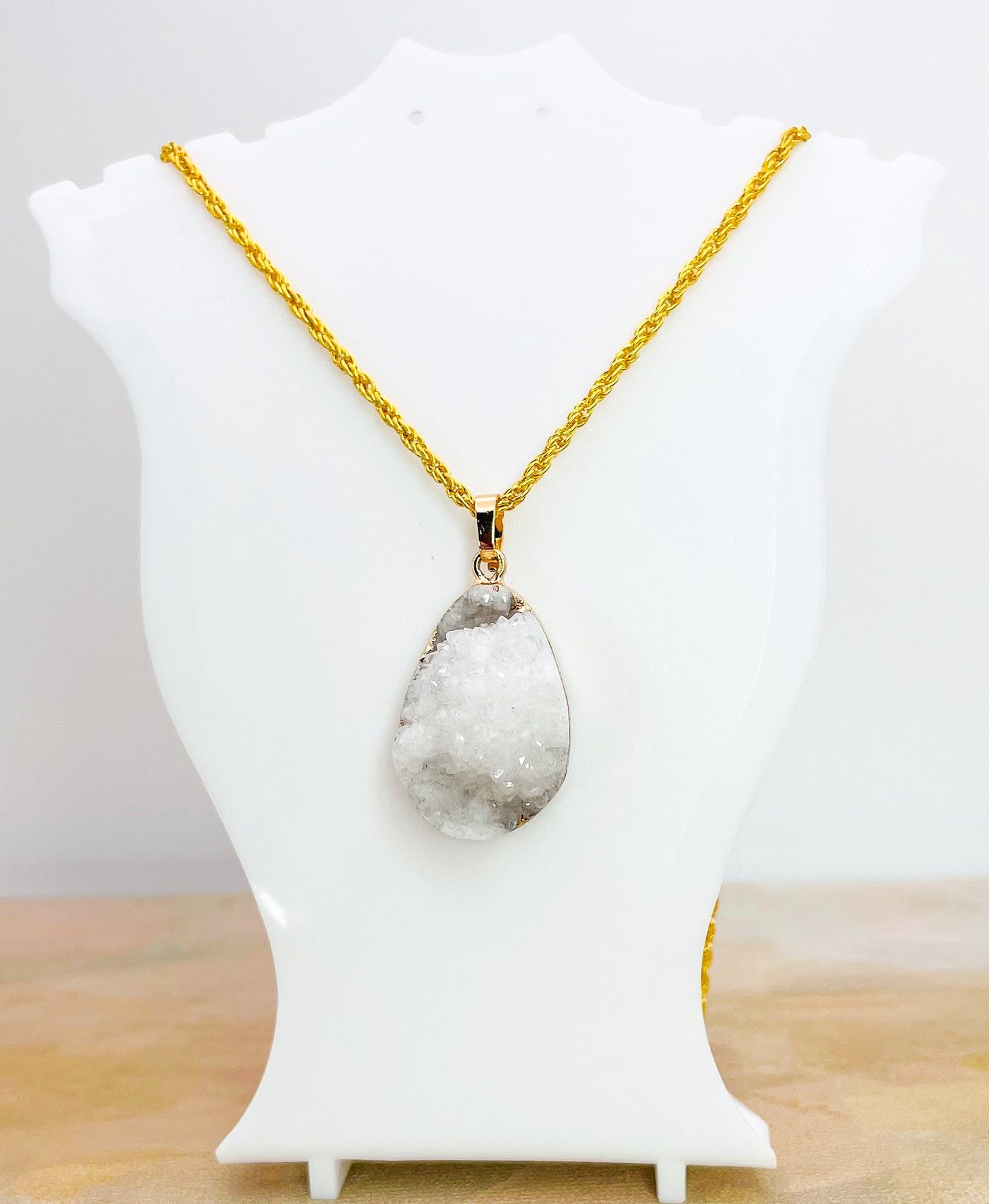 Natural Geode Druzy Crystal Gold Necklace