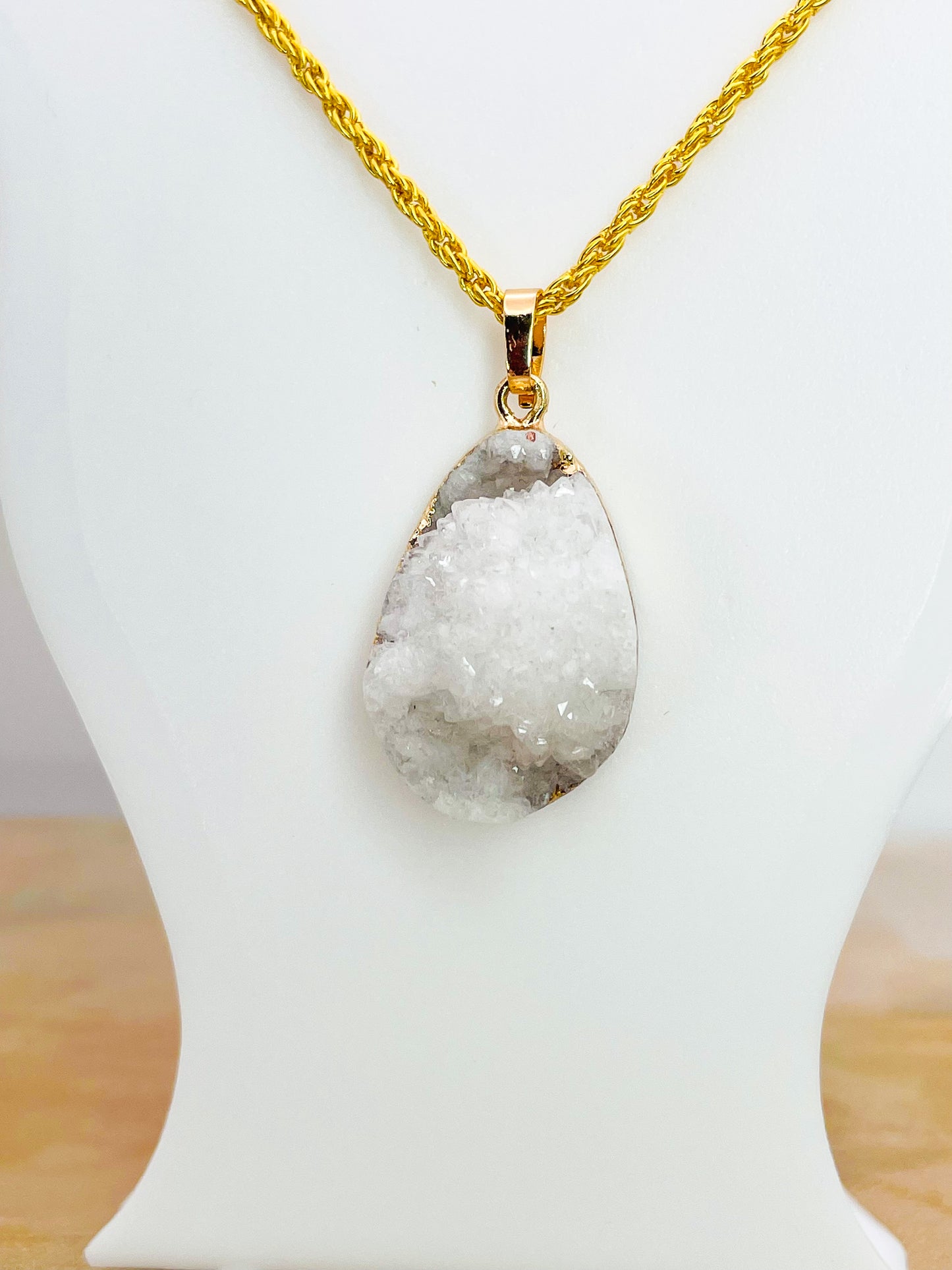 Natural Geode Druzy Crystal Gold Necklace