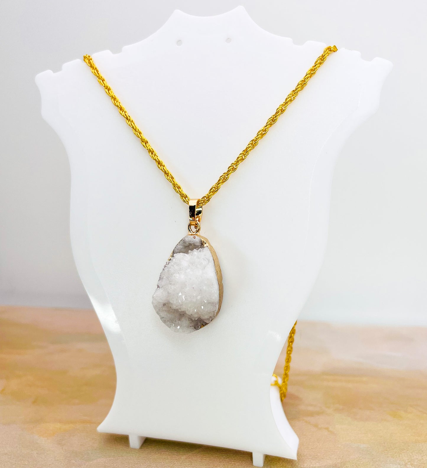 Natural Geode Druzy Crystal Gold Necklace